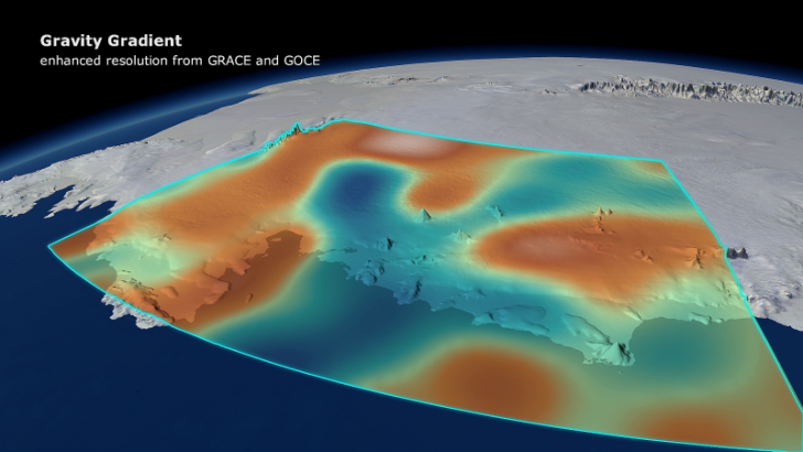 Wizualizacja pola grawitacyjnego w Antarktydzie Zachodniej. (Fot. ESA/DGFI/Planetary visions)