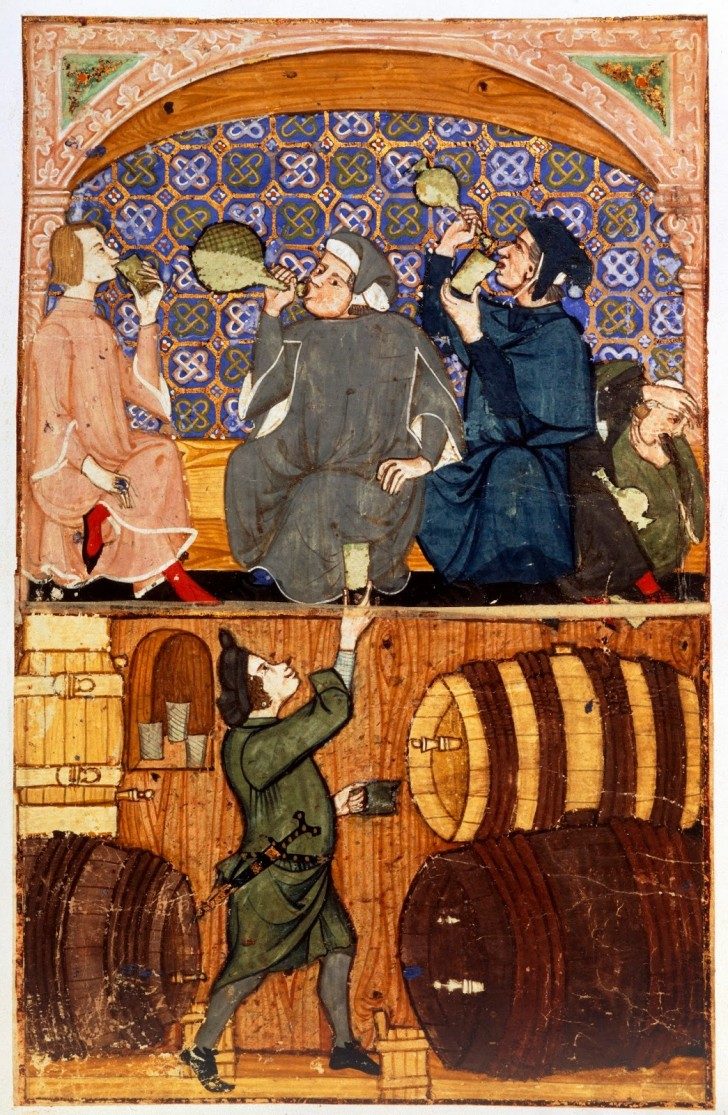 uomini bevono, con un celleraio sotto, tardo XIV secolo, British Library Board
