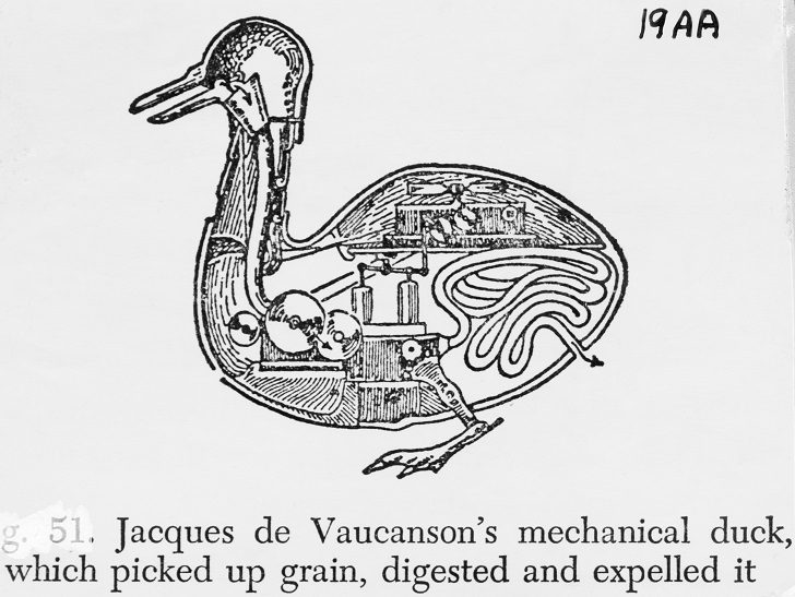 Jacques de Vaucanson's mechanical duck, which picked up grain, digested and expelled it. --- Image by © Bettmann/Corbis