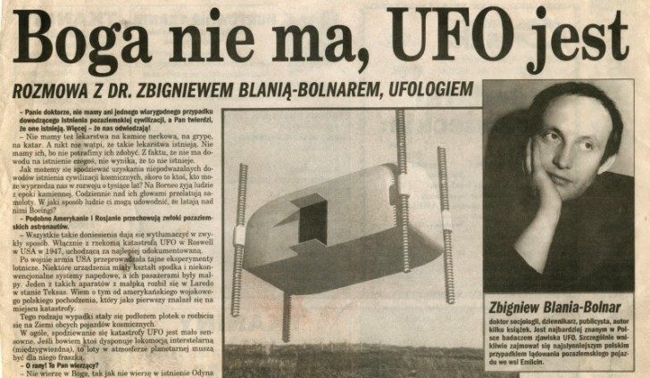 Jeden z artykułów Zbigniewa Blani. Na zdjęciu wizja domniemanego UFO z Emilcina. Źródło: bartoszrdultowski.blogspot.com
