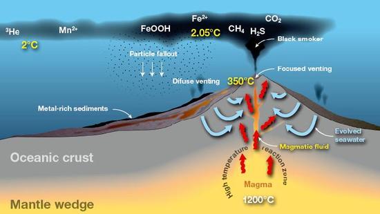 Diagram przedstawiający działanie komina hydrotermalnego. Źródło: gns.cri.nz