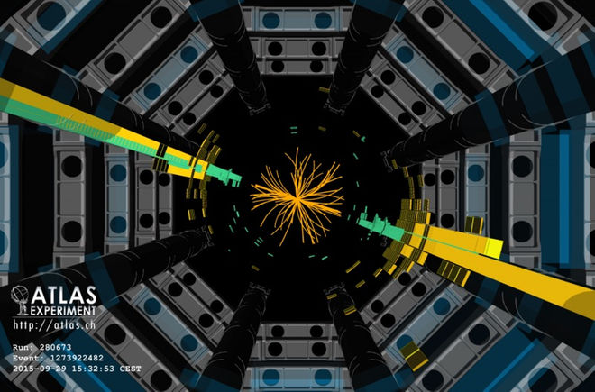 Detektor ATLAS w Large Hadron Collider podniósł ten strumień cząstek (żółte i zielone paski), gdy protony zderzają się energii 13 TeV.