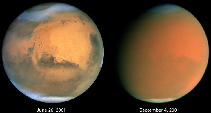 Mars w czerwcu 2001 roku i podczas burzy piaskowej we wrześniu 2001, zdjęcia Kosmicznego Teleskopu Hubble’a