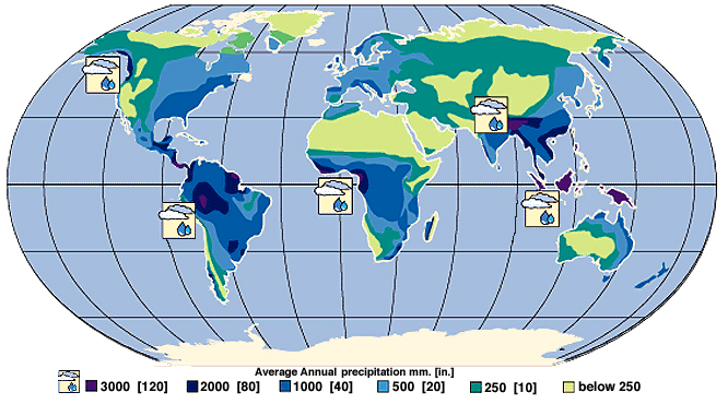 Roczna ilość opadów na świecie. Źródło: earth.rice.edu