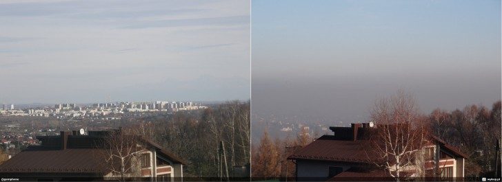 Różnica pomiędzy czystym niebem (po lewej), a smogiem (po prawej). Źródło: wiatrowa.blox.pl