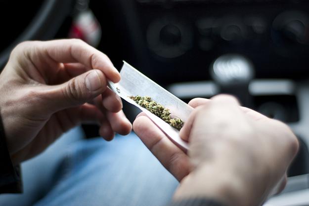 Zdjęcie osoby zwijającej skręta z marihuaną w samochodzie, alkomat thc