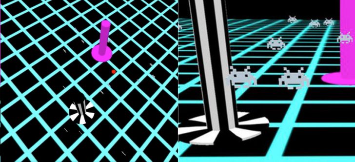 Na zdjęciu widoczne stado hologramowych ufoludków z gry Space Invaders "latających" w zbiorniku wokół rybki. Oprócz tego znajdują się tu dwa słupki różniące się kolorem.