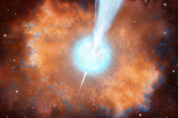 Wizja artystyczna wybuchu gwiazdy prowadzącego do powstania błysku gamma. (Źródło: FUW/Tentaris/Maciej Frołow)