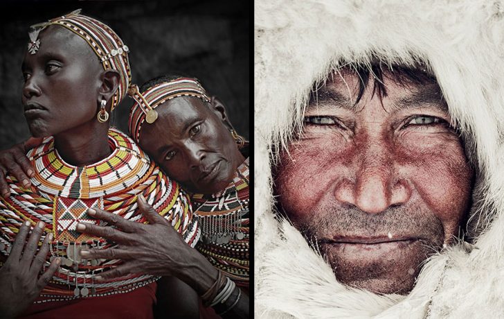 Obrazek składa się z dwóch zestawionych ze sobą zdjęć. Po lewej zdjęcie dwójki czarnoskórych członków plemienia Samburu z Kenii. Po prawej białoskóry mężczyzna z plemienia syberyjskiego Nenetes.