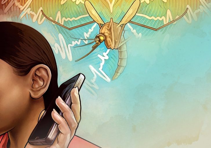 Rysunek przedstawia osobę trzymającą telefon przy uchu. Nad jej głową lata komar.